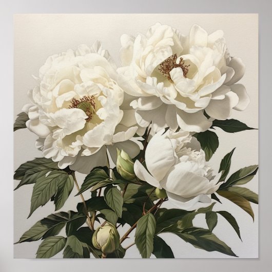 Witte Pioenrozen Bloemen Art Print Poster (Voorkant)