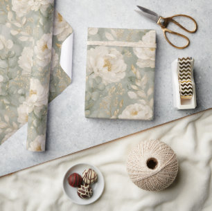 Witte Pioenrozen Bloemige Salie Groen Goud Elegant Cadeaupapier