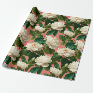 Witte pioenrozen op een perzikachtige achtergrondp cadeaupapier