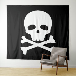 Witte piratenschedel op zwarte achtergrond wandkleed