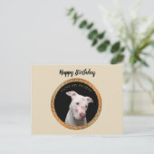 Witte pitbull met rode kussen over zijn gezicht. briefkaart (Staand voorkant)