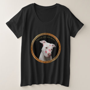 Witte pitbull met rode kussen over zijn gezicht. grote maat t-shirt