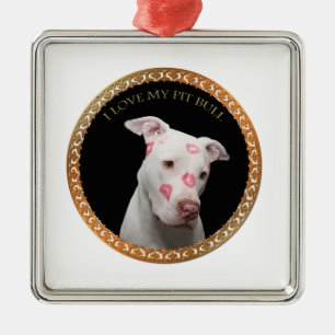 Witte pitbull met rode kussen over zijn gezicht. metalen ornament