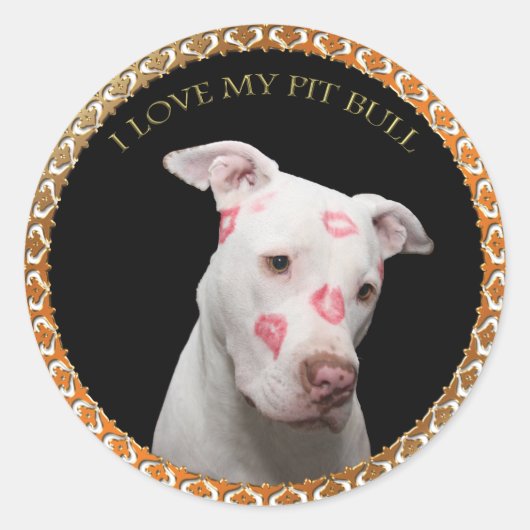 Witte pitbull met rode kussen over zijn gezicht. ronde sticker (Voorkant)