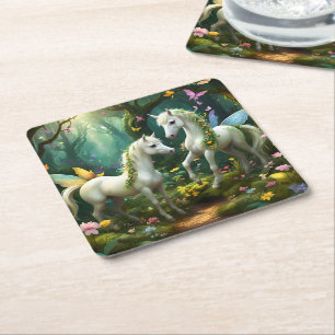 Witte Pixie Fantasy Paarden in Magische Tuin, Kartonnen Onderzetters