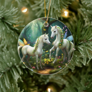 Witte Pixie Fantasy Paarden in Magische Tuin, Keramisch Ornament