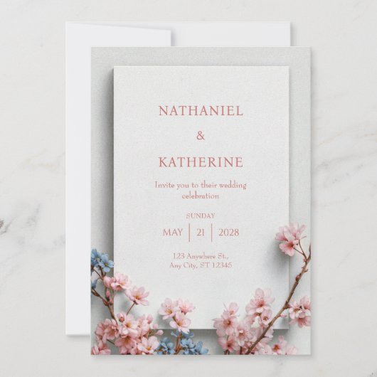 Witte Pleister Minimalistische Sakura Frame Trouwd Kaart (Voorkant)