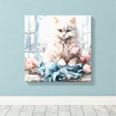 Witte pluizige blauwe oog kat in een raam canvas afdruk (Insitu (Houten vloer))
