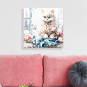 Witte pluizige blauwe oog kat in een raam canvas afdruk (Insitu (Woonkamer))