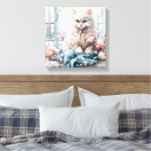Witte pluizige blauwe oog kat in een raam canvas afdruk (Insitu (Slaapkamer))