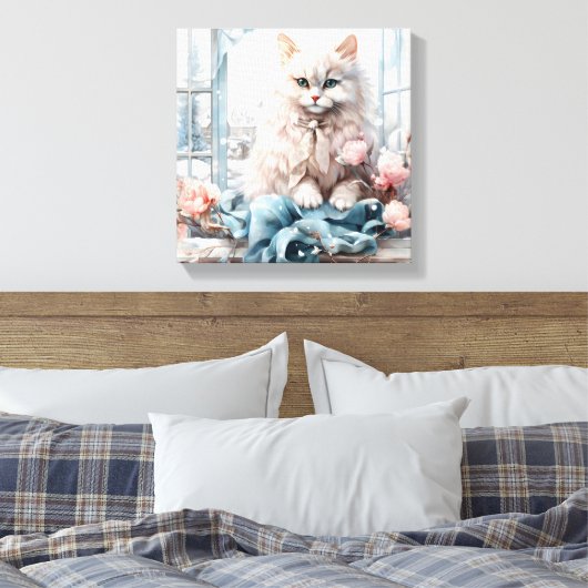 Witte pluizige blauwe oog kat in een raam canvas afdruk (Insitu (Slaapkamer))