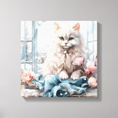 Witte pluizige blauwe oog kat in een raam canvas afdruk (Voorkant)