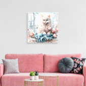 Witte pluizige blauwe oog kat in een raam canvas afdruk (Insitu (Woonkamer))