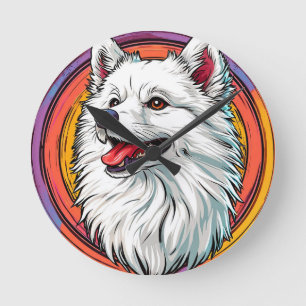 Witte Pluizige Hond in Levendige Kunststijl Ronde Klok