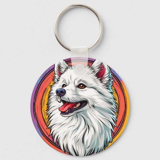 Witte Pluizige Hond in Levendige Kunststijl Sleutelhanger (Voorkant)