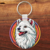 Witte Pluizige Hond in Levendige Kunststijl Sleutelhanger (Voorkant)