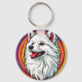 Witte Pluizige Hond in Levendige Kunststijl Sleutelhanger (Achterkant)
