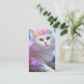 Witte pluizige kat op een regenboog visitekaartje (Staand voorkant)