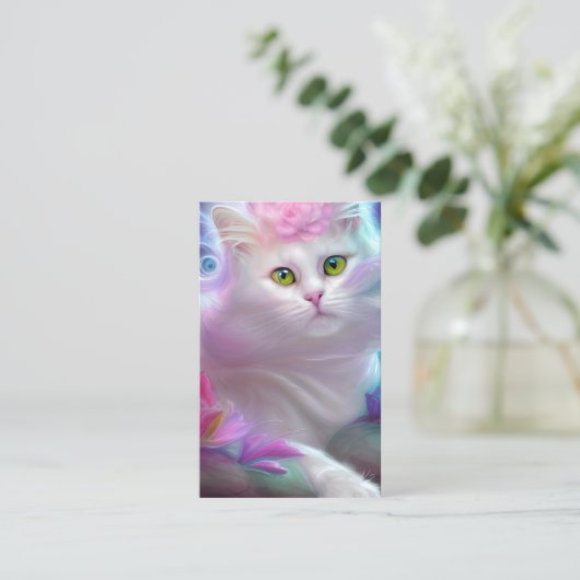 Witte pluizige kat op een regenboog visitekaartje (Staand voorkant)