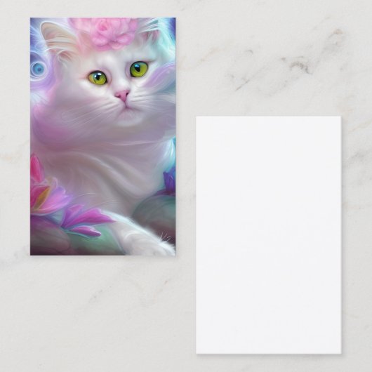 Witte pluizige kat op een regenboog visitekaartje (Voorkant / Achterkant)