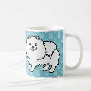 Witte Pluizige Pomeranian Honden Op Blauw Koffiemok