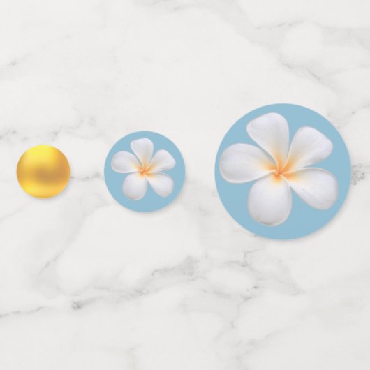 Witte Plumeria Bloemen op Licht Wonderblauw Confetti (Voorkanten)