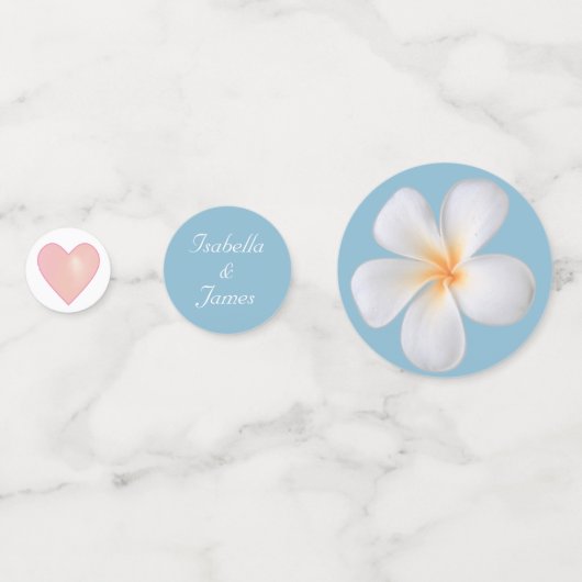 Witte Plumeria Bloemen op Licht Wonderblauw Confetti (Achterkanten)