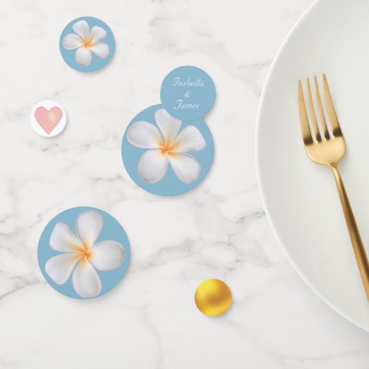 Witte Plumeria Bloemen op Licht Wonderblauw Confetti (Groep)