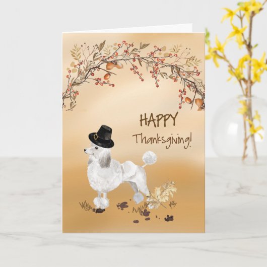 Witte Poedel Funny Pilgrim Pet Thanksgiving Kaart (Gele Bloem)