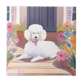 Witte poedel | Hond huisdier aquarel bloemen Tegeltje
