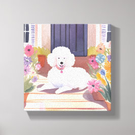 witte poedel | Hond Huisdier Waterverf Bloemen Canvas Afdruk