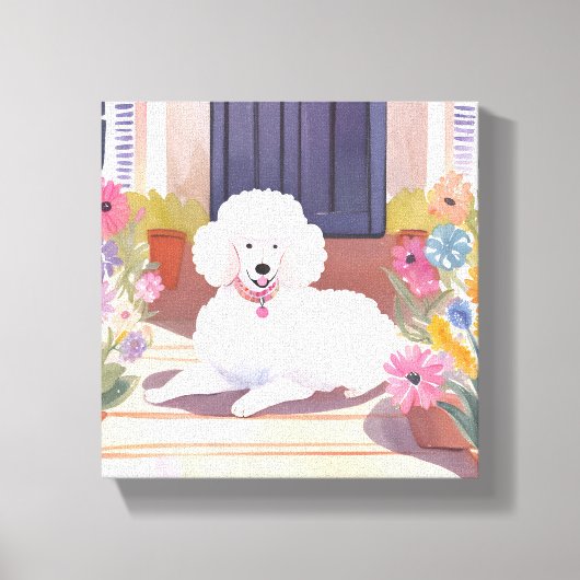 witte poedel | Hond Huisdier Waterverf Bloemen Canvas Afdruk (Voorkant)