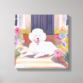 witte poedel | Hond Huisdier Waterverf Bloemen Canvas Afdruk