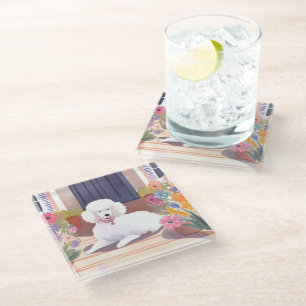 Witte Poedel   Hond Waterverf Bloemen Glazen Onderzetter