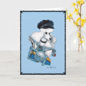 Witte Poedel op een Harley Motorcycle Wenskaart Kaart (Gele Bloem)