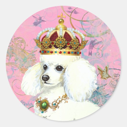Witte poedel prinses met kolibries ronde sticker (Voorkant)