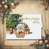 Witte Poedel Puppy Hond Rieten Mand Kerstmis