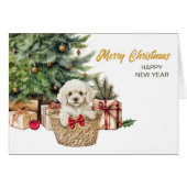 Witte Poedel Puppy Hond Rieten Mand Kerstmis (Voorkant Horizontaal)