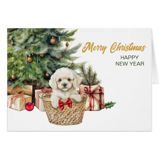 Witte Poedel Puppy Hond Rieten Mand Kerstmis (Voorkant Horizontaal)