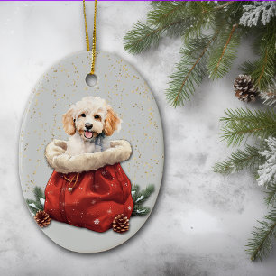 Witte Poedel Puppy Kerstcadeau Tas Keramisch Ornament