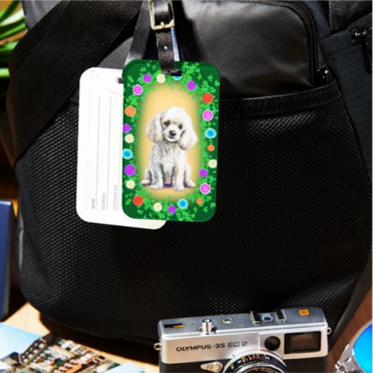 Witte poedelhond Acryl Bagagelabel