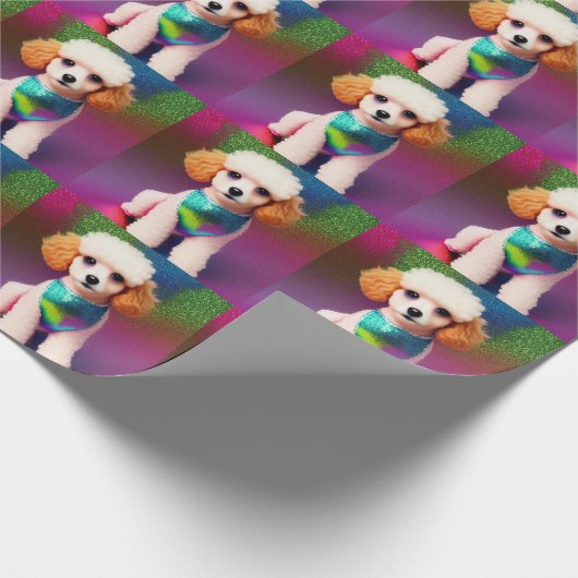 Witte poel met kreukeloortjes op regenboogsparren cadeaupapier (Hoek)