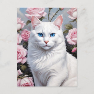 witte poes en roze rozen briefkaart