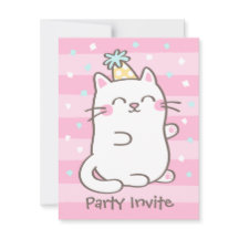 Witte poes kat meisjes verjaardagsfeest uitnodigin