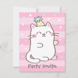 Witte poes kat meisjes verjaardagsfeest uitnodigin kaart