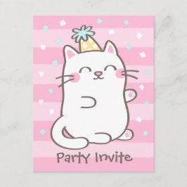 Witte poes kat meisjes verjaardagsfeest uitnodigin kaart