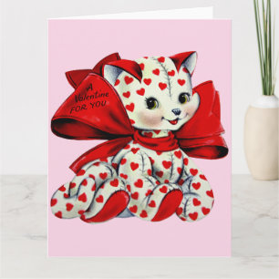 Witte poes Kat Met harten Vintage Valentijn Art Kaart