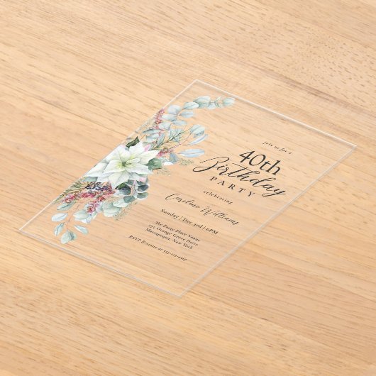 Witte Poinsettia Bloemen 40ste Verjaardagsfeest Acryl Uitnodigingen