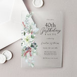 Witte Poinsettia Bloemen 40ste Verjaardagsfeest Acryl Uitnodigingen<br><div class="desc">Dit fraaie bloemmotief is een perfecte invitatie voor het 40-jarig jubileum tijdens de kerstvakantie en heeft een mooie witte waterverf poinsettia met eucalyptus, rode bessen en hulst en een salie groene achtergrond. Gepersonaliseerd met uw specifieke partijgegevens. De leeftijd kan worden aangepast aan elke leeftijd. Voor uw gemak kan deze uitnodiging...</div>