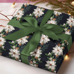 Witte Poinsettia Dennenkegel Winter Kerst Bloemstu Cadeaupapier